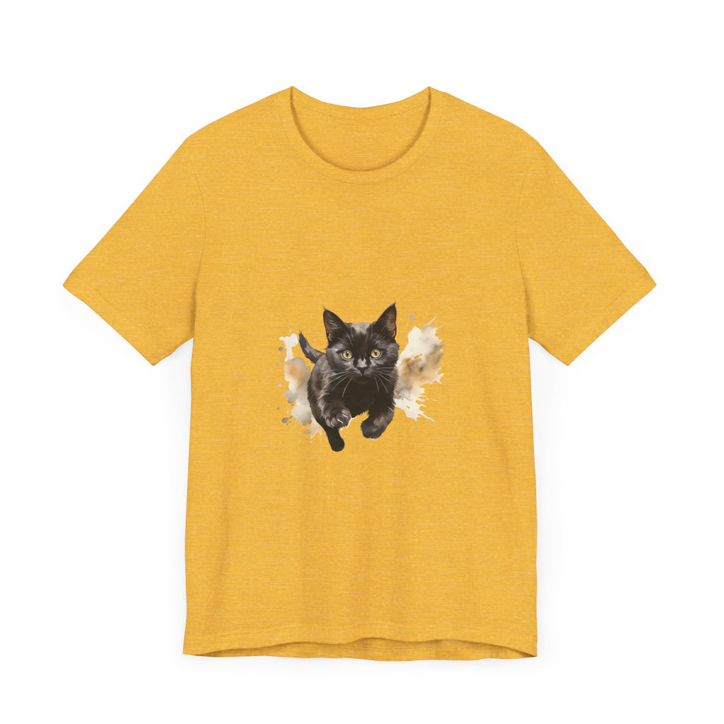 Black Cat Watercolor Sprint T-Shirt featuring a vibrant watercolor design of a black cat running across the front of the shirt