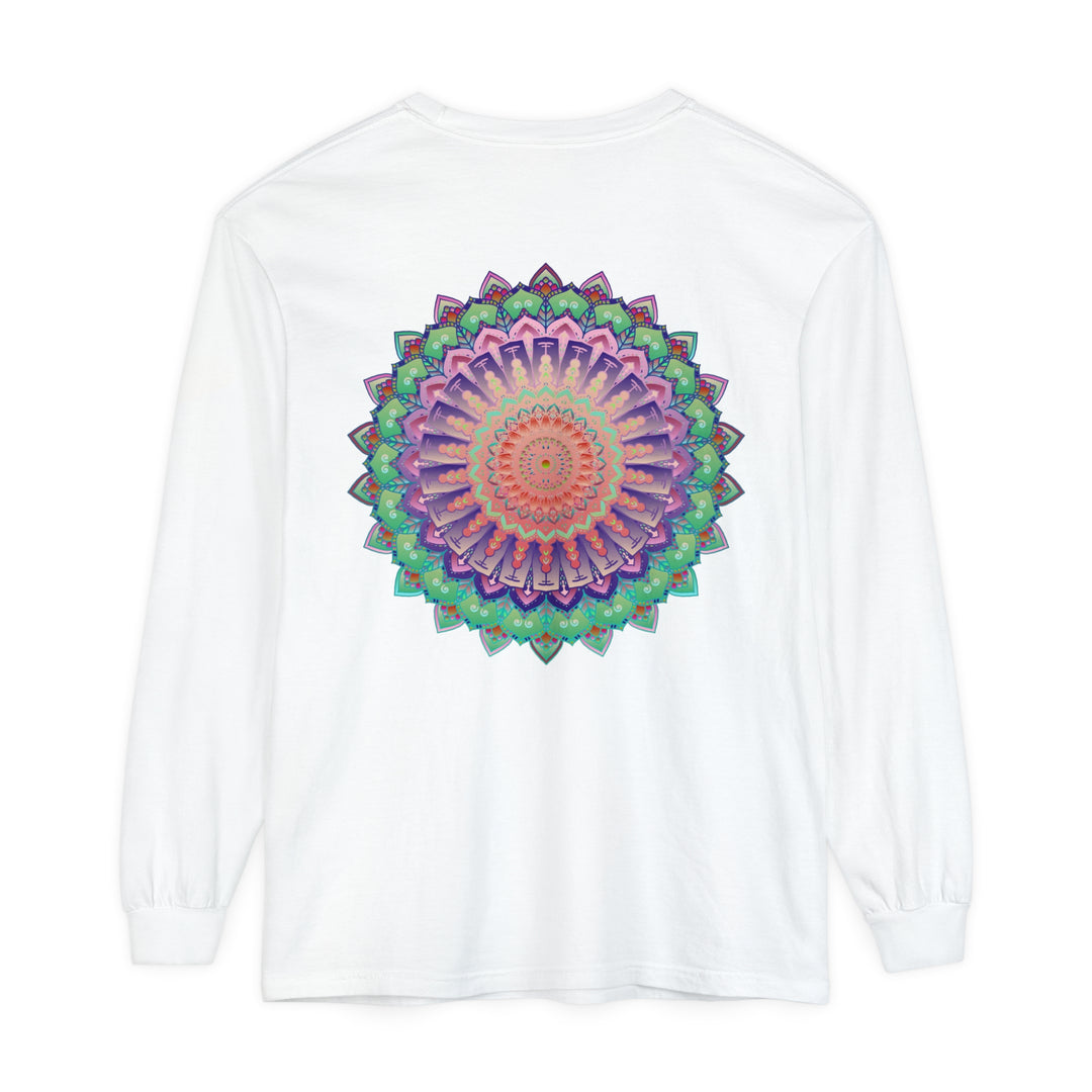 Colorful and intricate design adorns this unisex long sleeve t-shirt with vibrant mandala print