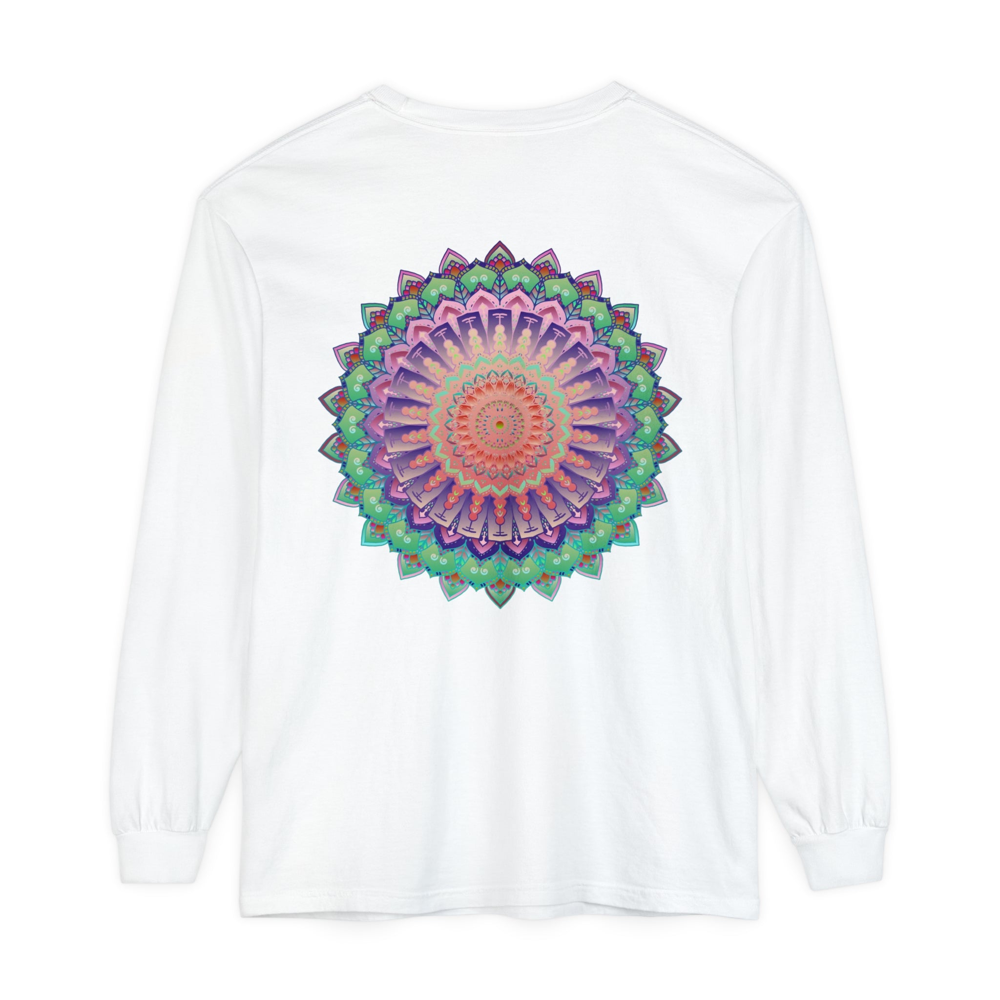 Colorful and intricate design adorns this unisex long sleeve t-shirt with vibrant mandala print