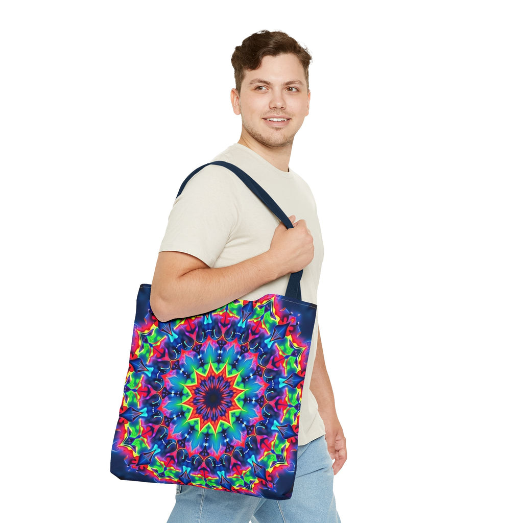 Colorful psychedelic mandala design tote bag perfect for carrying your essentials