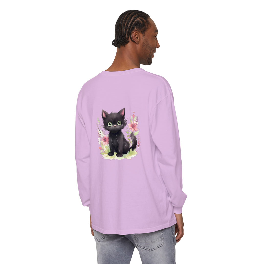 Adorable playful kitten surrounded by vibrant floral watercolor design on T-shirt