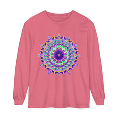Colorful and intricate psychedelic mandala design printed on a long sleeve t-shirt