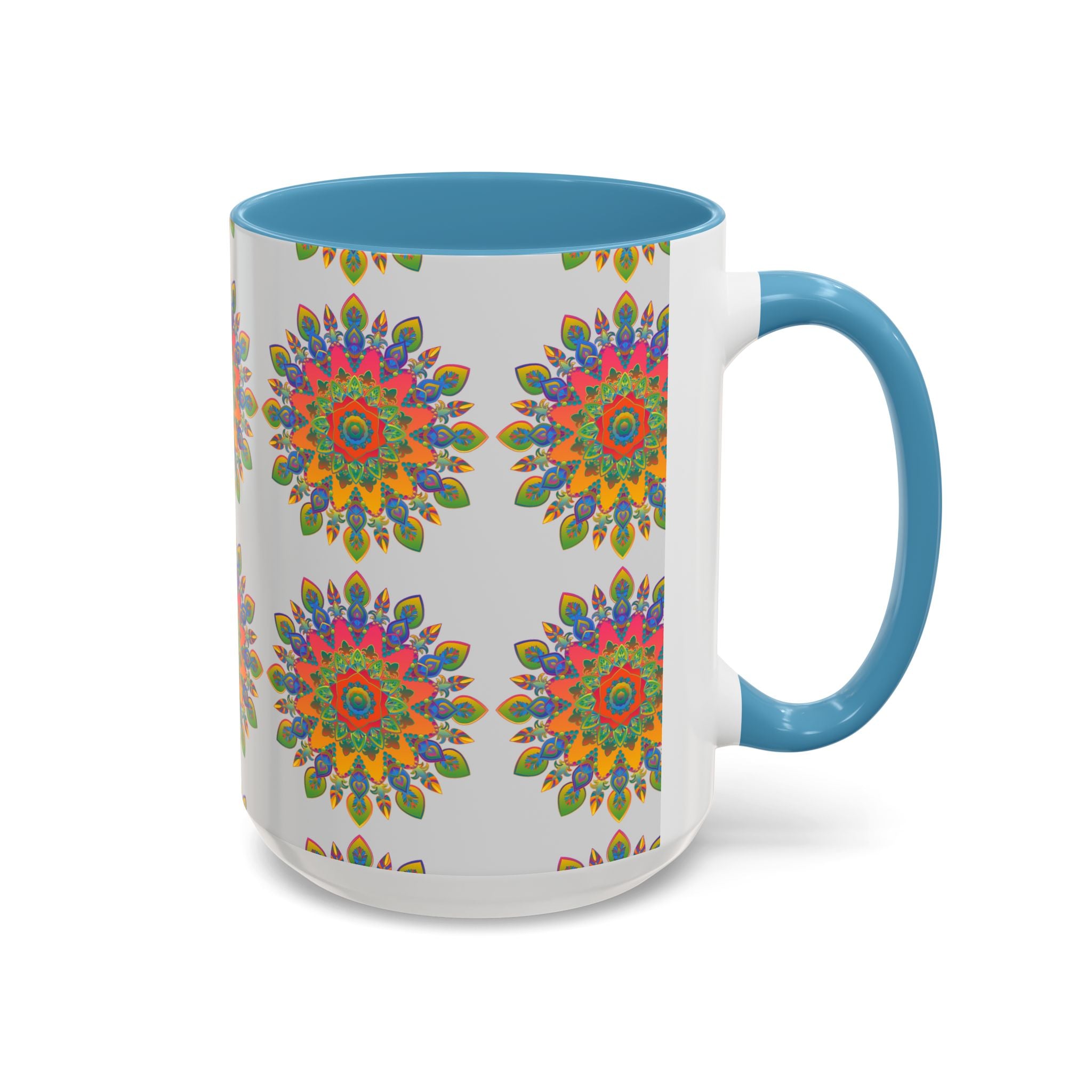 Vibrant and detailed mandala artwork displayed on a grey ceramic mug