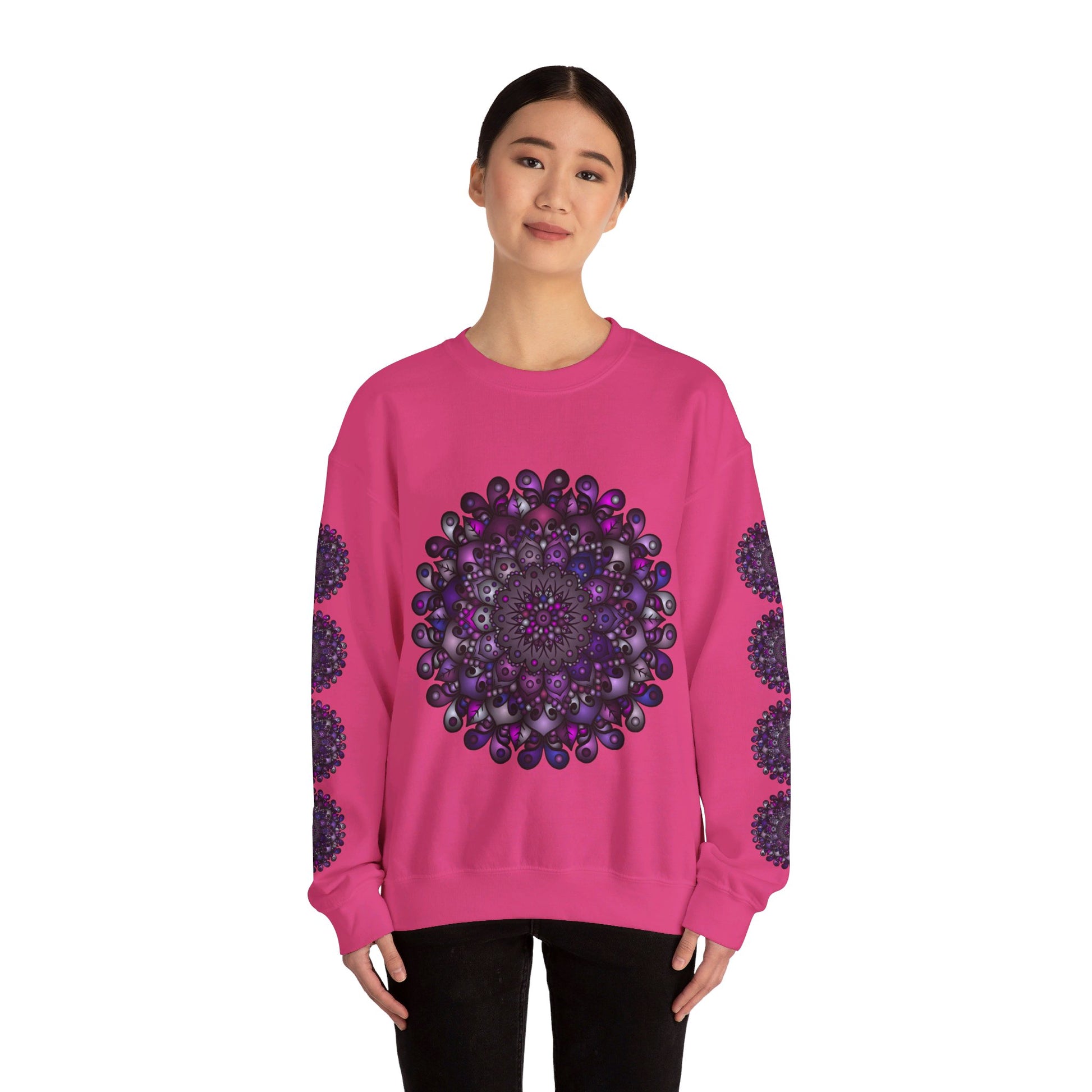 Stylish and comfortable unisex crewneck sweatshirt with intricate purple mandala design