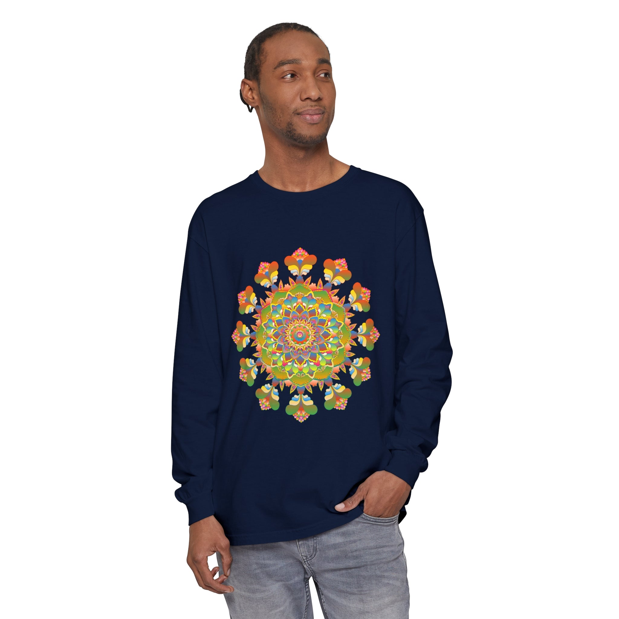 Vibrant and colorful long sleeve T-shirt with unique mandala art design