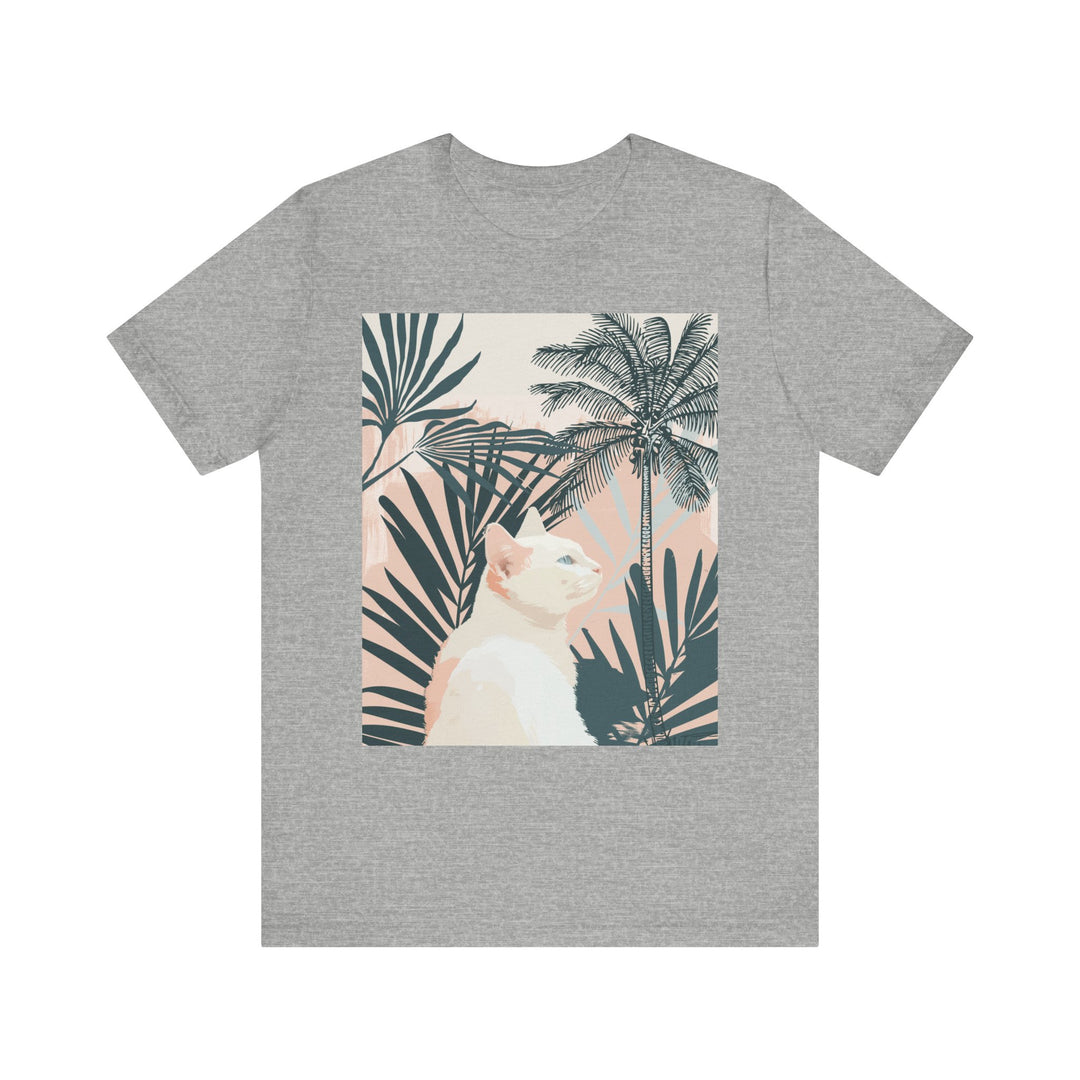 Cool cat t-shirt featuring a white kitty and palm leaves