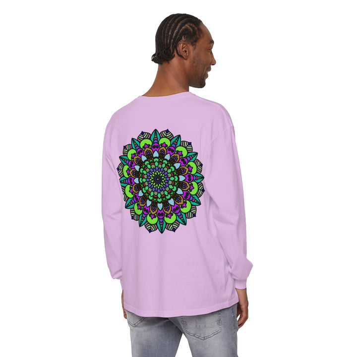 Colorful and intricate psychedelic mandala design on a unisex long sleeve t-shirt