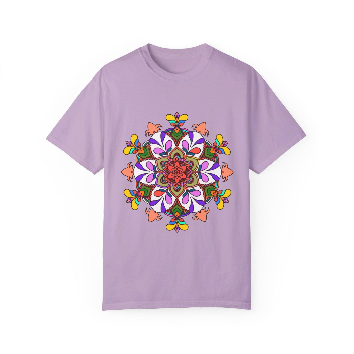 Unisex mandala t-shirt made from 100% ring-spun cotton, featuring hand-drawn mandala art and garment-dyed for extra comfort