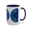 Beautiful blue and purple mandala mug featuring intricate bohemian art design