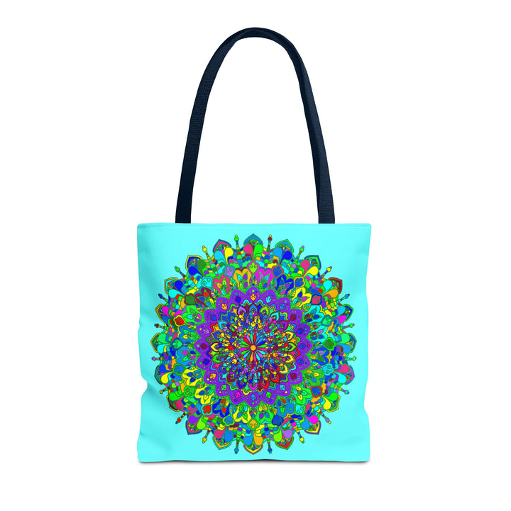 Vibrant and intricately designed colorful mandala art tote bag with floral and geometric patterns, perfect for carrying your essentials in style