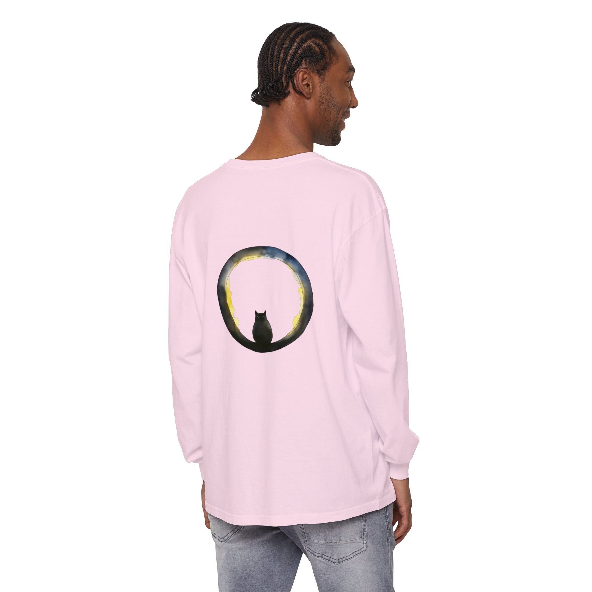 A spooky black cat sitting on a crescent moon with a Halloween-themed t-shirt