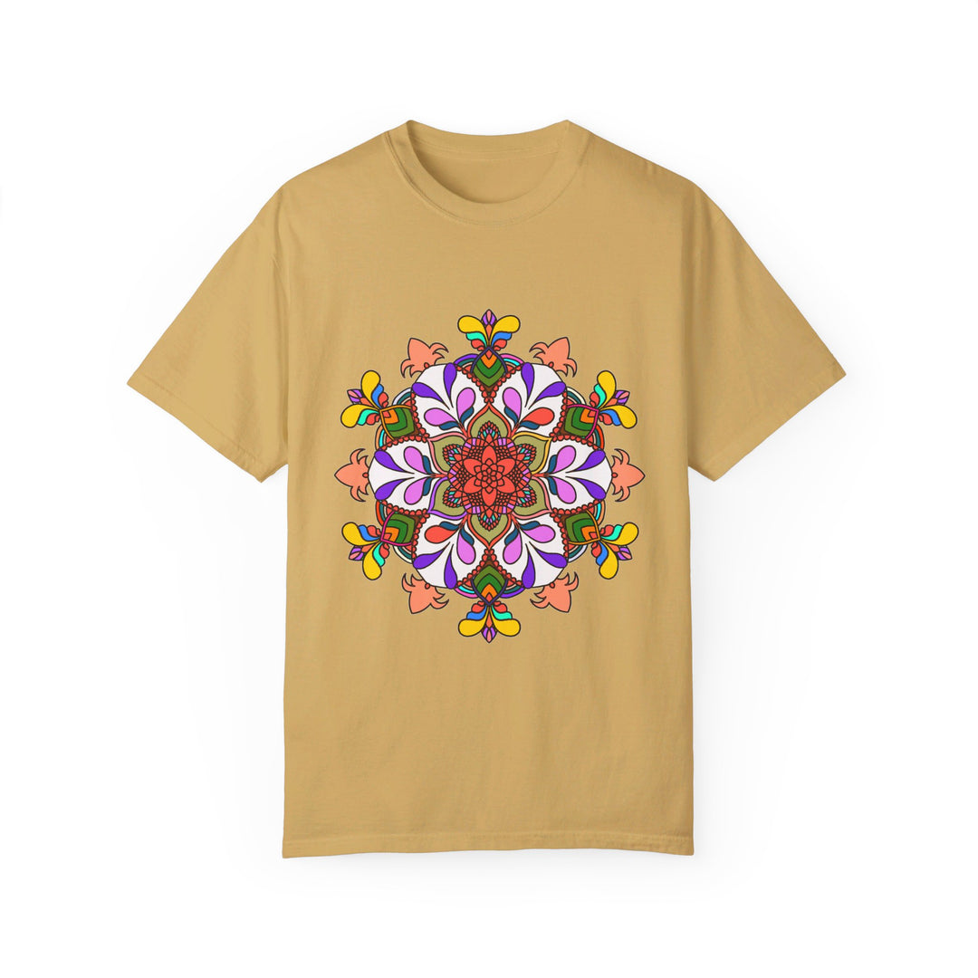 Unisex mandala t-shirt made of 100% ring-spun cotton, hand-drawn mandala art, garment-dyed for extra comfort