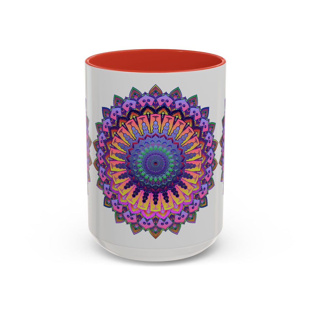 A beautiful mandala mug featuring vibrant, intricate art on a grey background