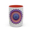 A beautiful mandala mug featuring vibrant, intricate art on a grey background