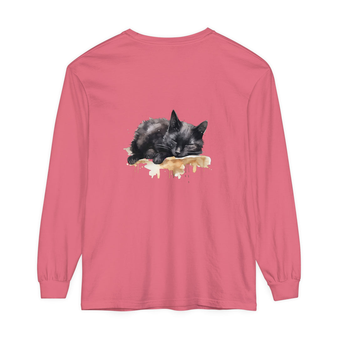 Beautiful watercolor painting of a sleeping black cat printed on a comfortable t-shirt