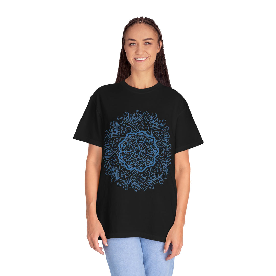 Handmade mandala art t-shirt with intricate design on unisex garment-dyed tee