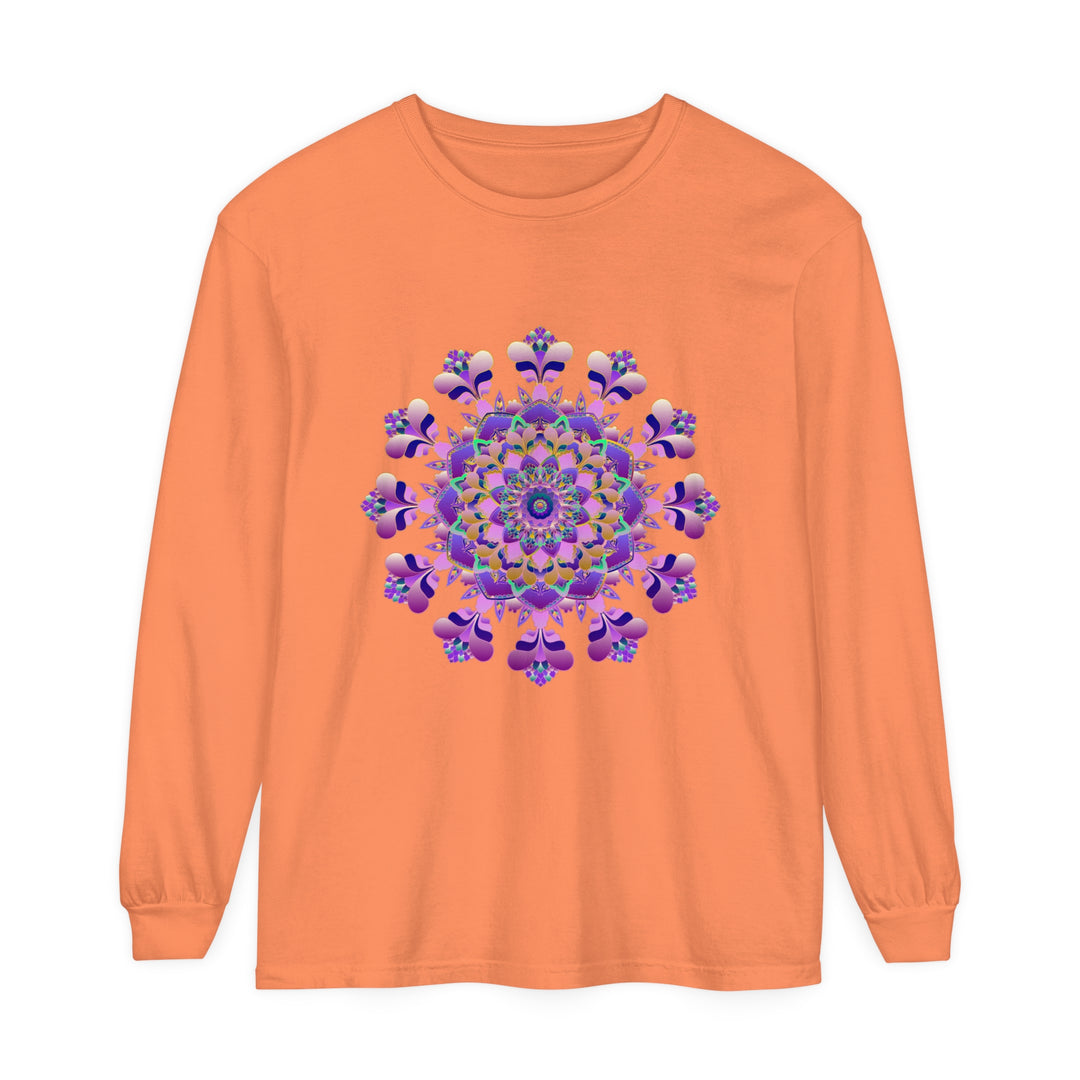 A close-up image of a unisex long sleeve t-shirt featuring an intricate mandala design in various vibrant colors