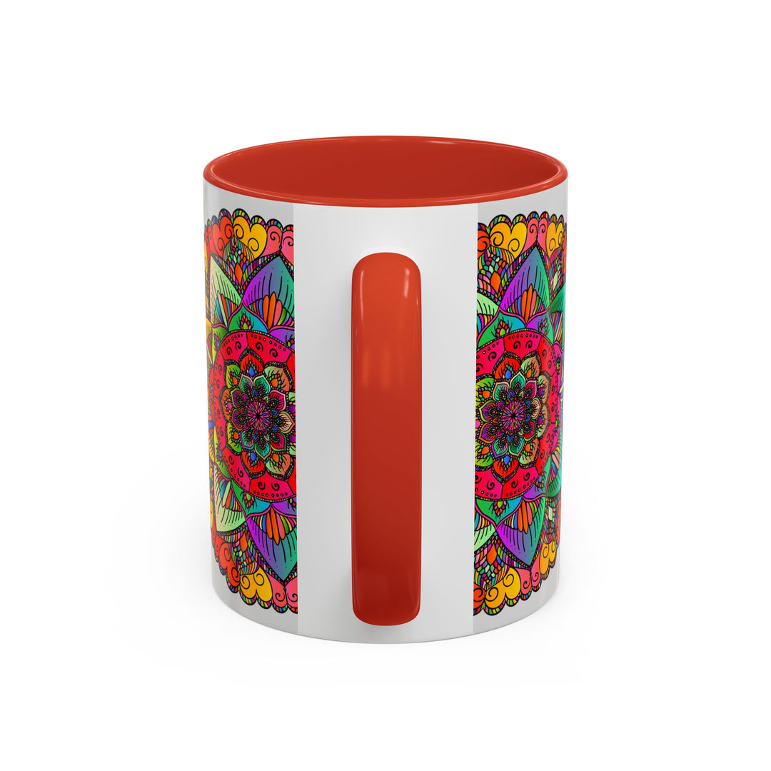 A vibrant and detailed mandala art design adorns this colorful mug