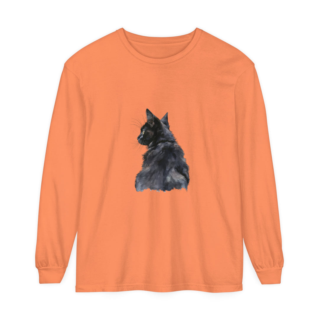 Black Cat Watercolor Long Sleeve T-Shirt featuring a vibrant watercolor design of a black cat on a comfortable, long-sleeve shirt