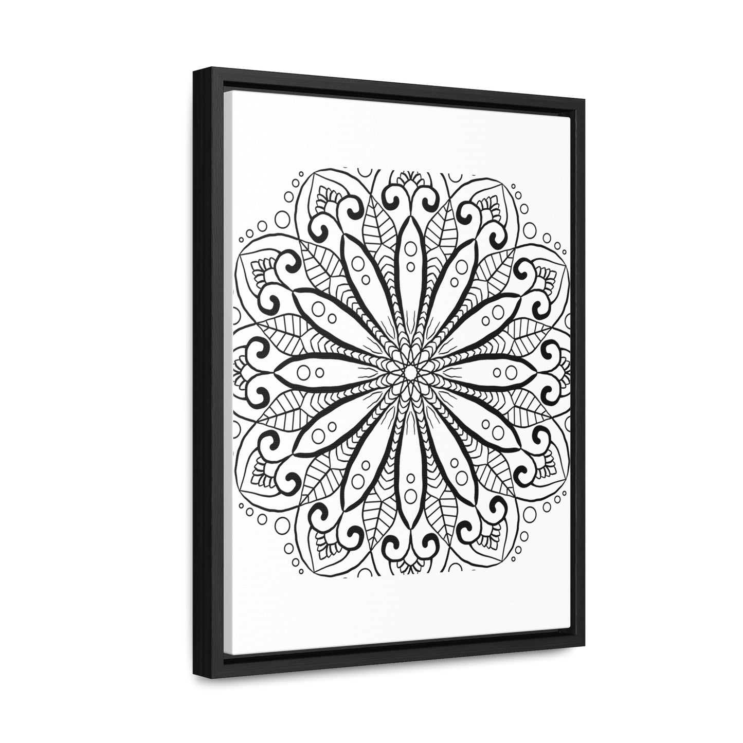 Handmade black and white mandala art on gallery canvas wraps with vertical frame