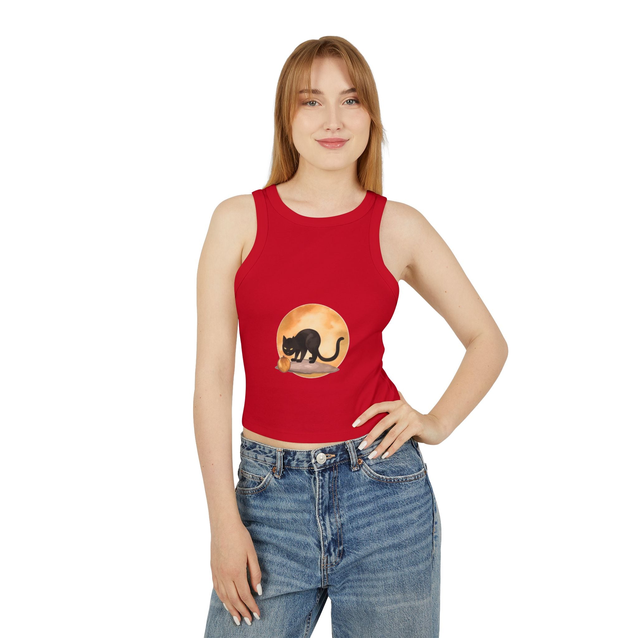 Black Cat Moonlit Pumpkin Racerback Tank Top for trendy and chic look