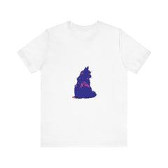 A vibrant and eye-catching t-shirt featuring a mysterious black cat design