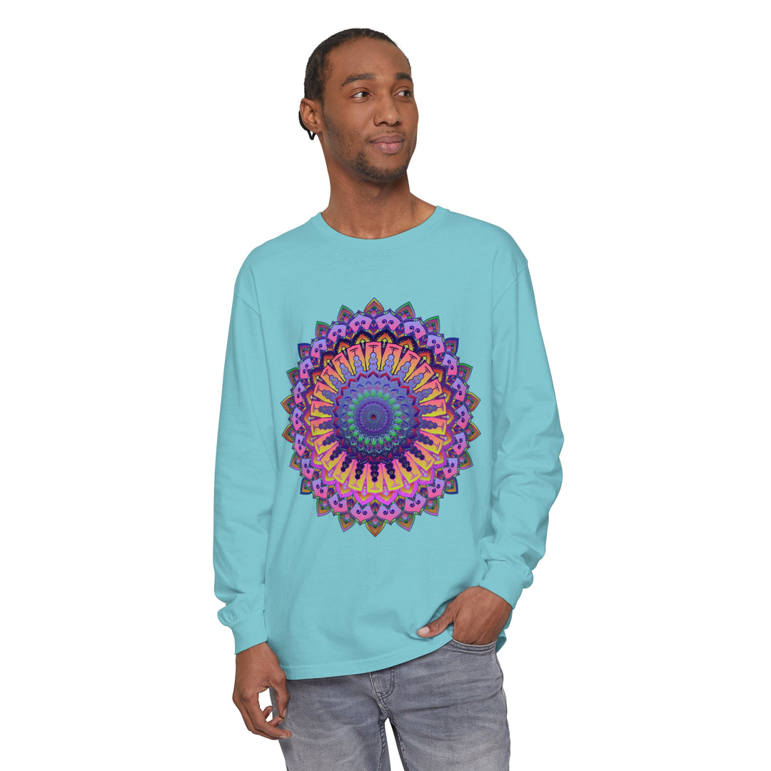 Intricate Mandala design in shades of blue and purple on Unisex Long Sleeve T-Shirt, perfect for casual and bohemian style outfits