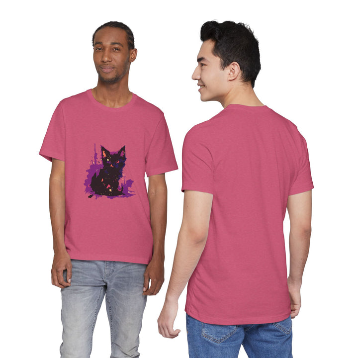 Schwarzes Katzenrätsel – Lila Farbspritzer-T-Shirt