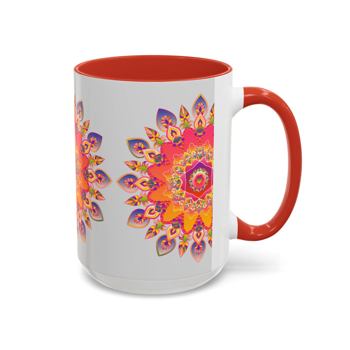 A visually striking mandala art mug with vibrant colors set against a neutral grey background