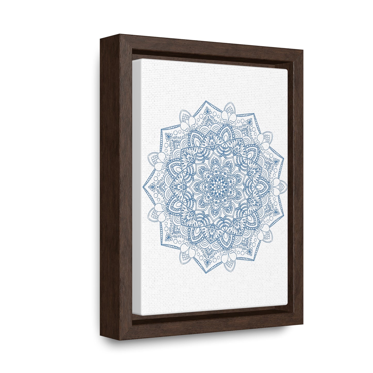 Vertical steel blue gallery canvas wraps featuring a handmade mandala design wall art