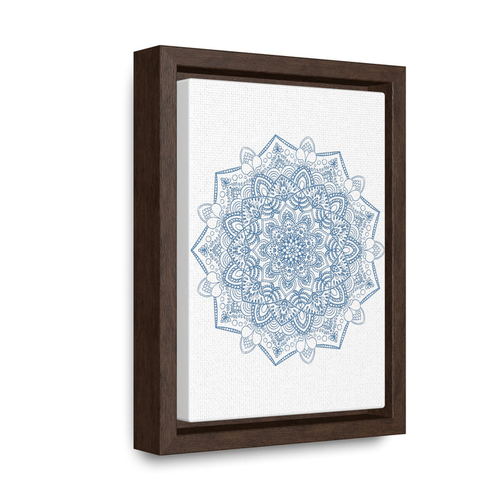 Vertical steel blue gallery canvas wraps featuring a handmade mandala design wall art