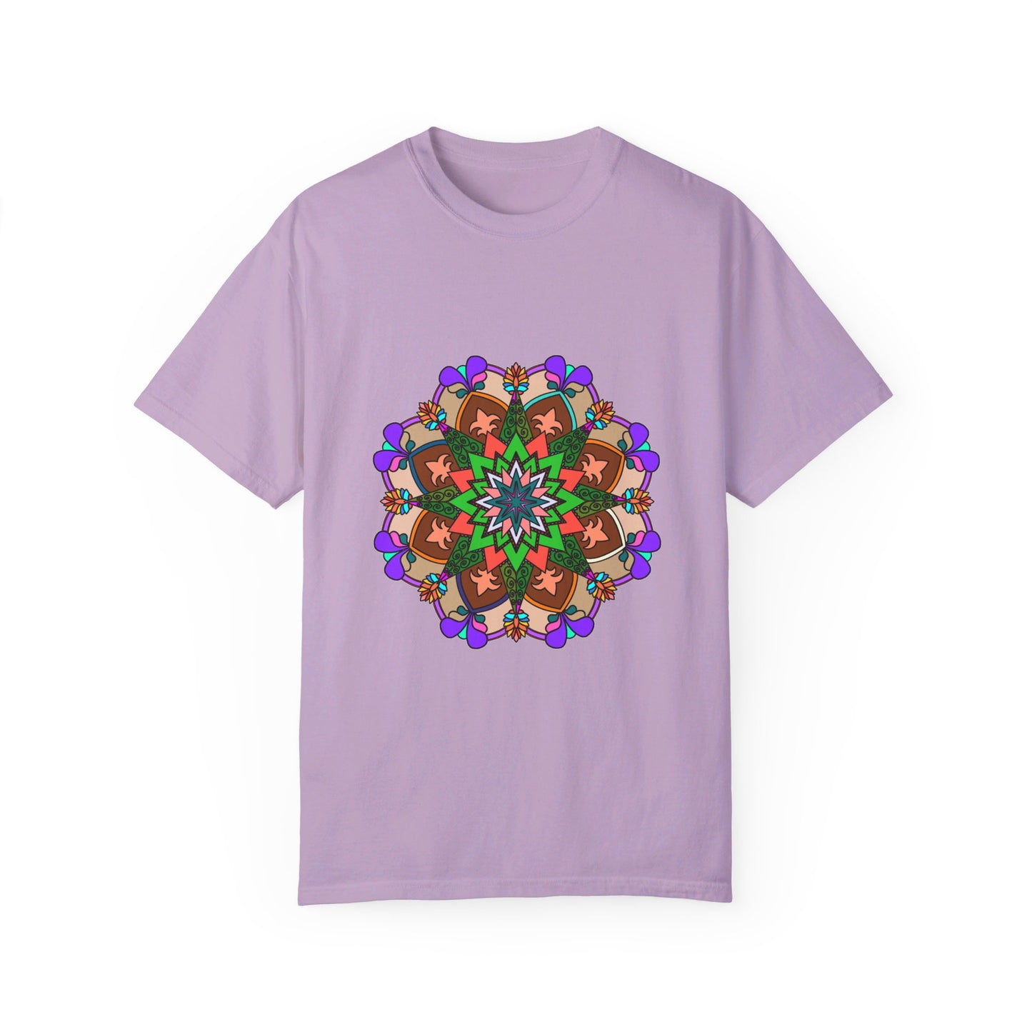 Unisex Mandala T-Shirt featuring hand-drawn mandala art, made from 100% ring-spun cotton and garment-dyed for extra comfort