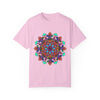 Unisex Mandala T-Shirt made from 100% ring-spun cotton, featuring hand-drawn mandala art and garment-dyed for extra comfort and style