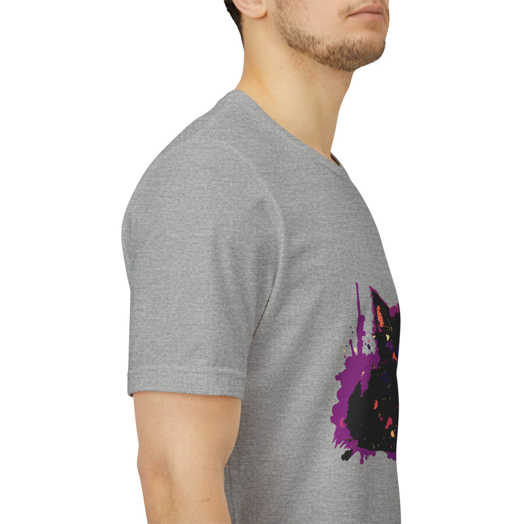 Schwarzes Katzenrätsel – Lila Farbspritzer-T-Shirt