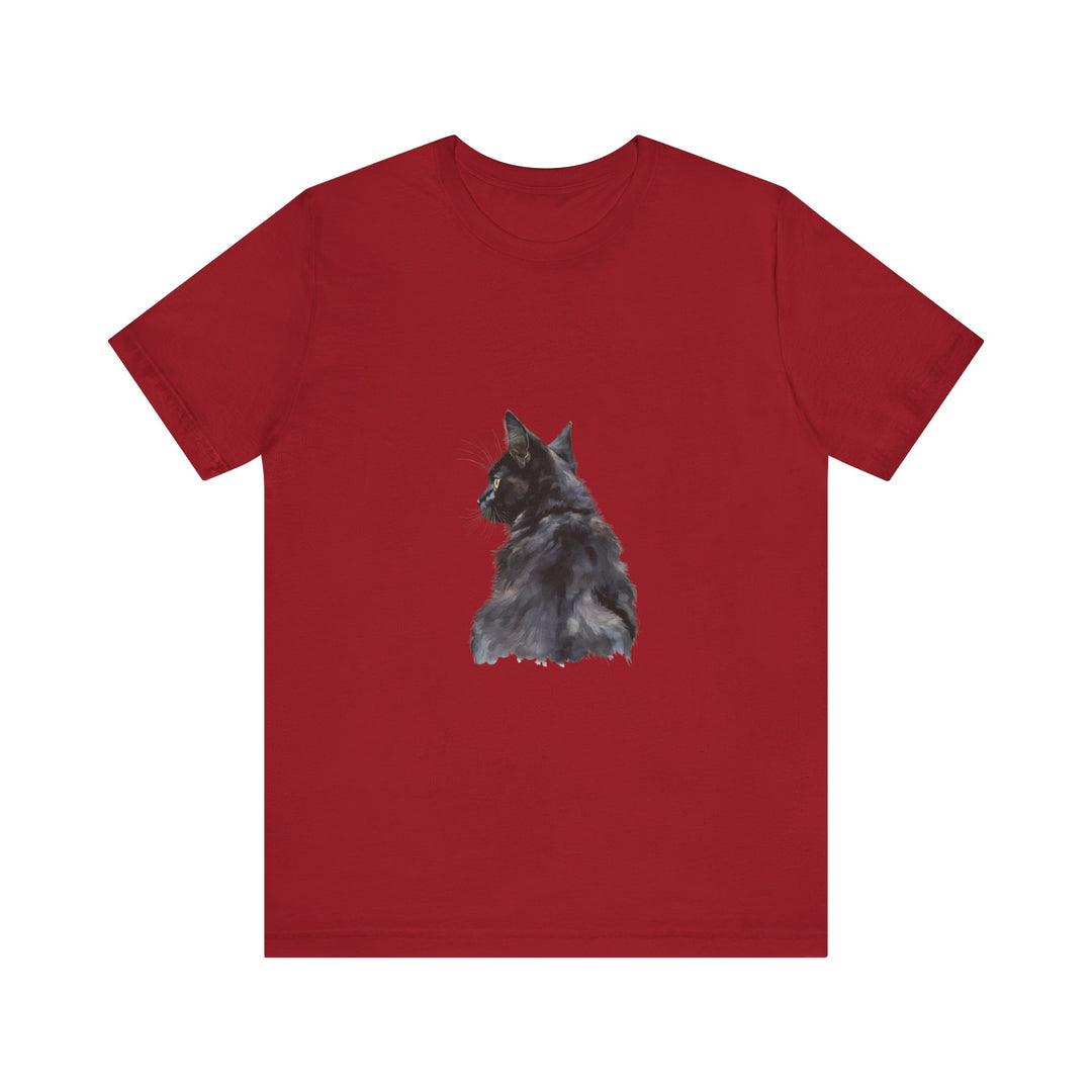 Watercolor illustration of a mysterious black cat on a t-shirt