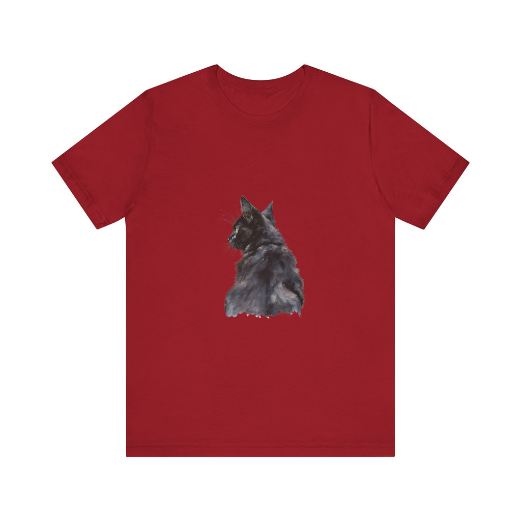 Watercolor illustration of a mysterious black cat on a t-shirt