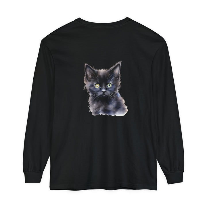 A close-up image of a Mystical Kitten unisex long sleeve t-shirt in black, featuring a colorful and vibrant graphic design of a mystical kitten with stars and moons in the background