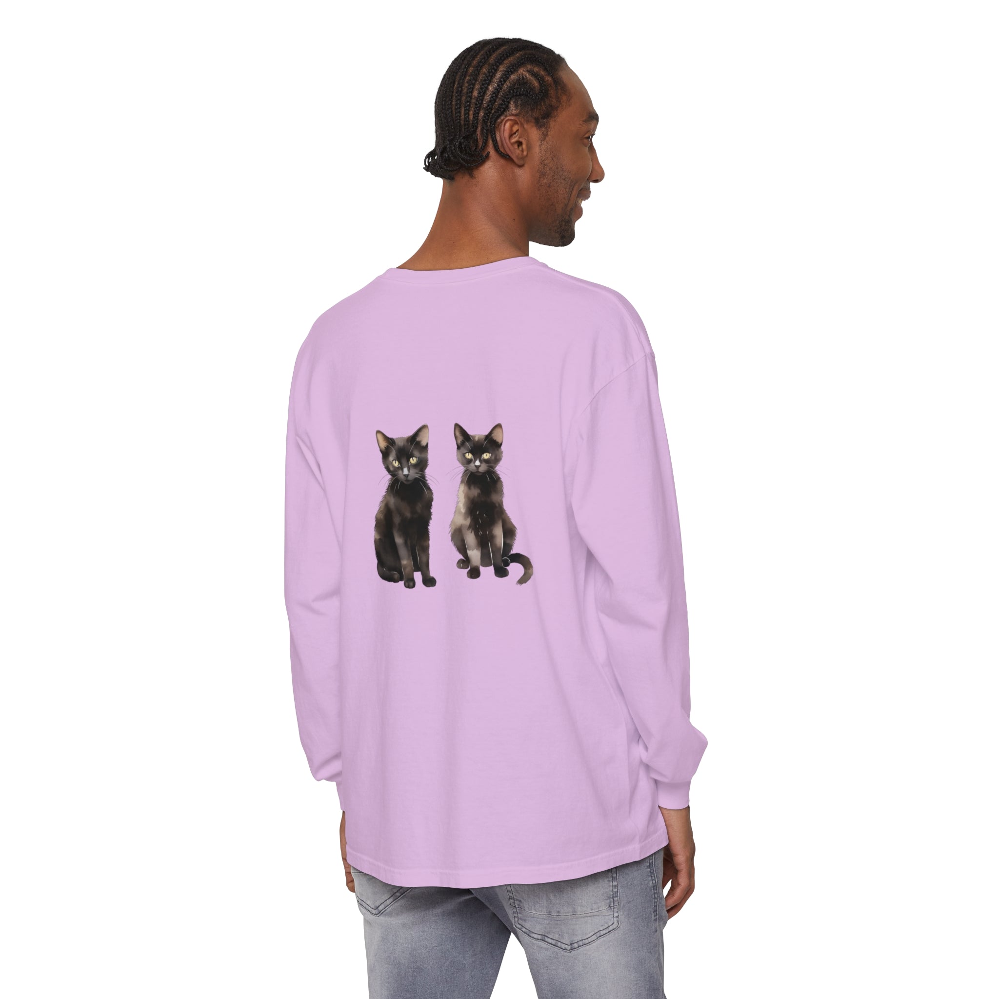 A long sleeve t-shirt featuring a stunning watercolor art design of a black cat