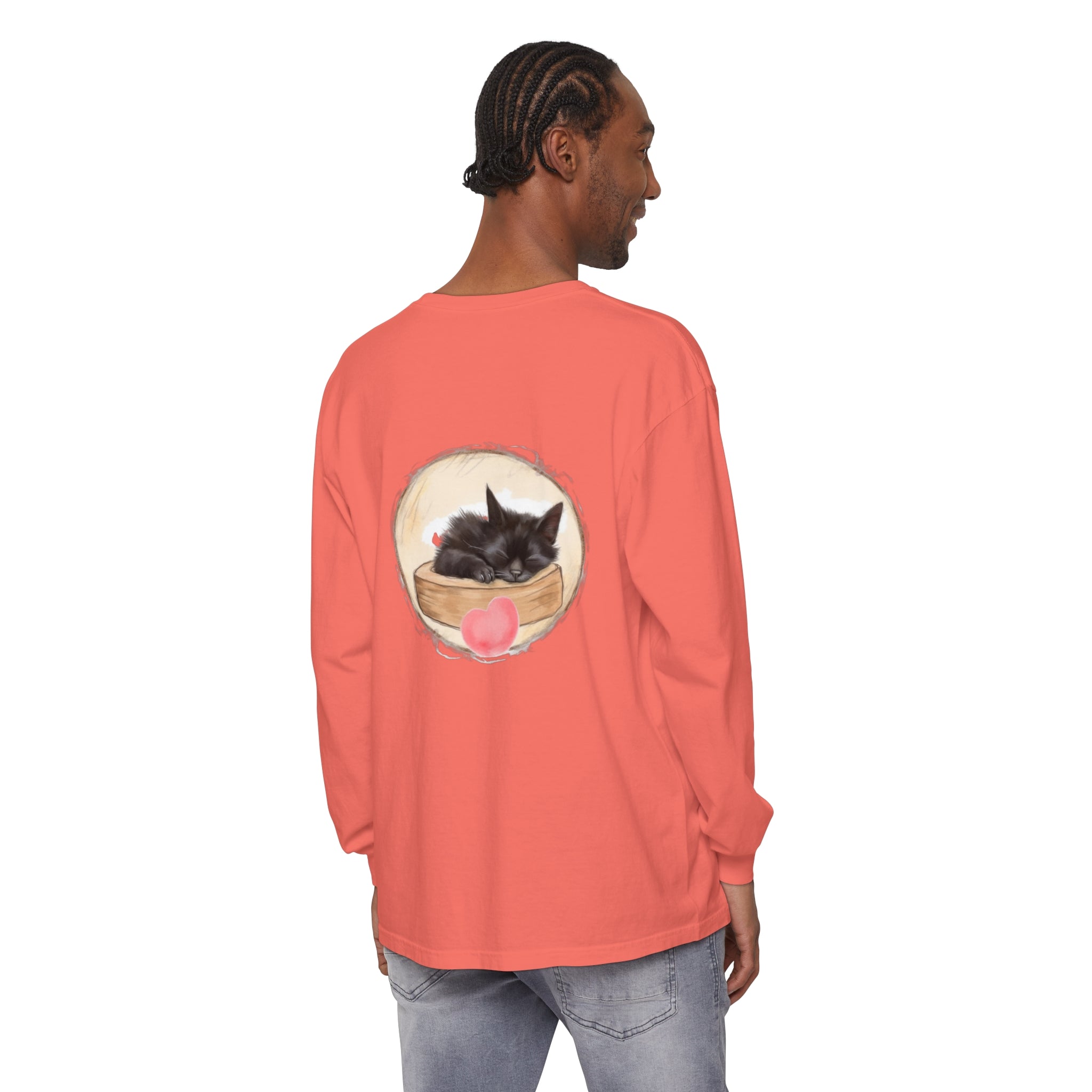 Adorable sleeping kitten graphic on a bedtime unisex t-shirt for all ages