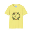 Comfortable white t-shirt with a floral garland illustration and the words 'Breathe in Peace Exhale Stress' in a cursive font