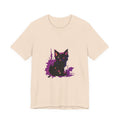 Schwarzes Katzenrätsel – Lila Farbspritzer-T-Shirt
