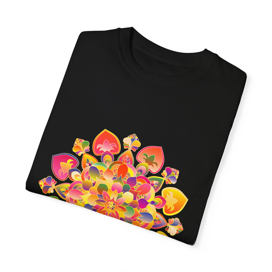 Vibrant Mandala T-Shirt featuring a hand-drawn design with intricate patterns and bold, eye-catching colors