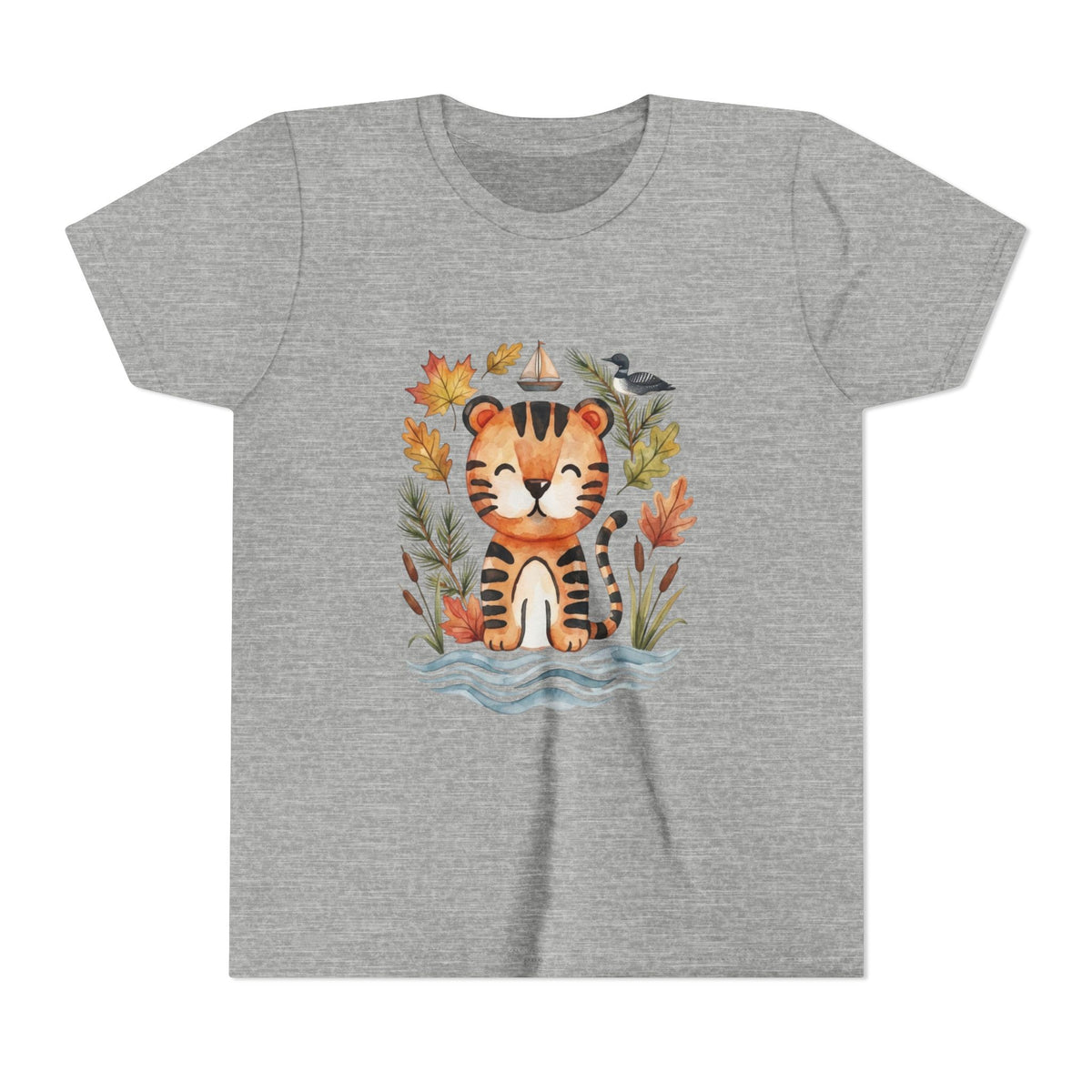 Kids Tiger Lake Ontario Tee — Watercolor Autumn Sailboat & Leaves Youth Short Sleeve Tee