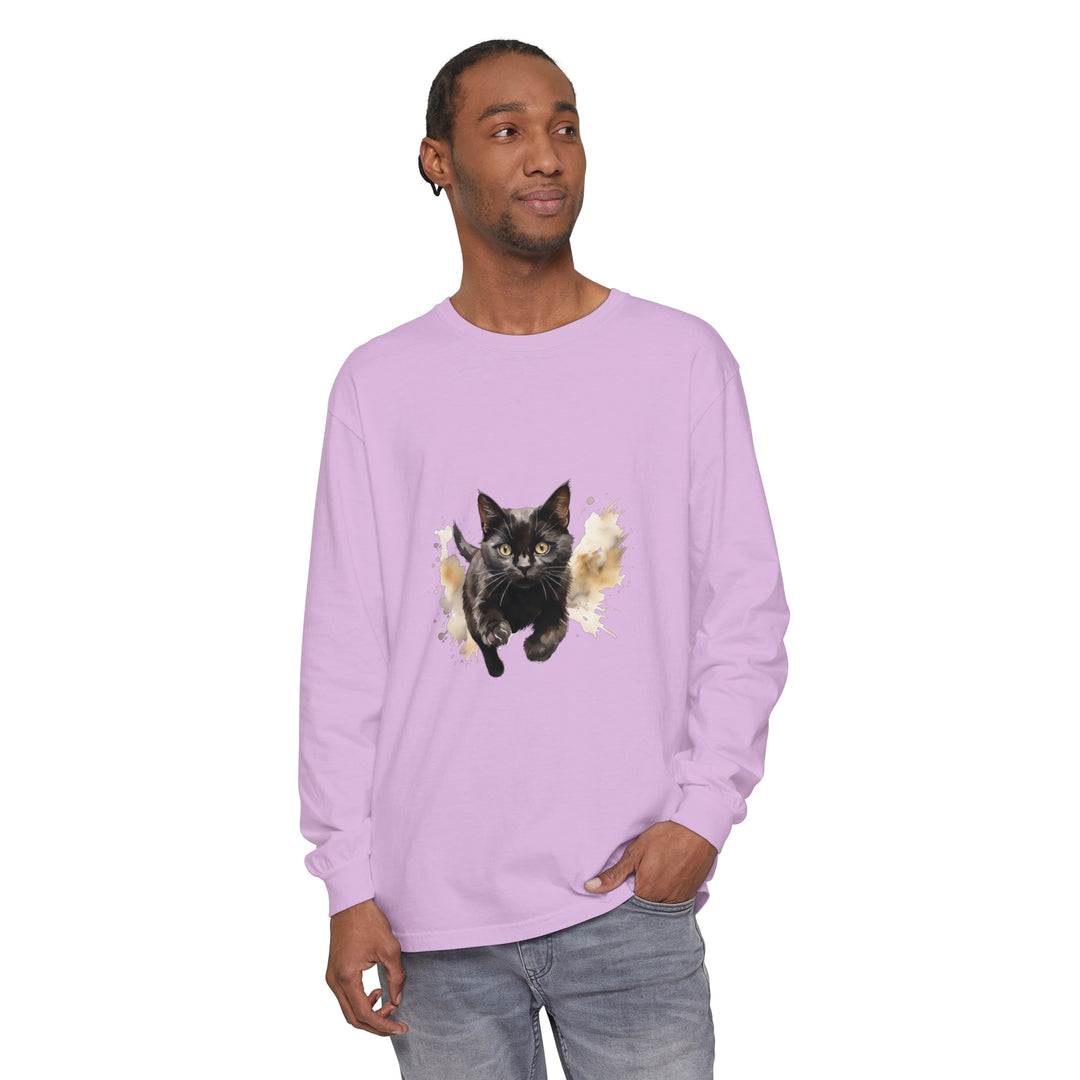 Black Cat Watercolor Print Unisex T-Shirt featuring a vibrant watercolor design of a black cat on a high-quality black t-shirt