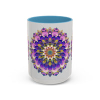 Beautiful mandala art mug featuring vibrant colors on a grey background