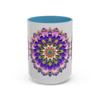 Beautiful mandala art mug featuring vibrant colors on a grey background
