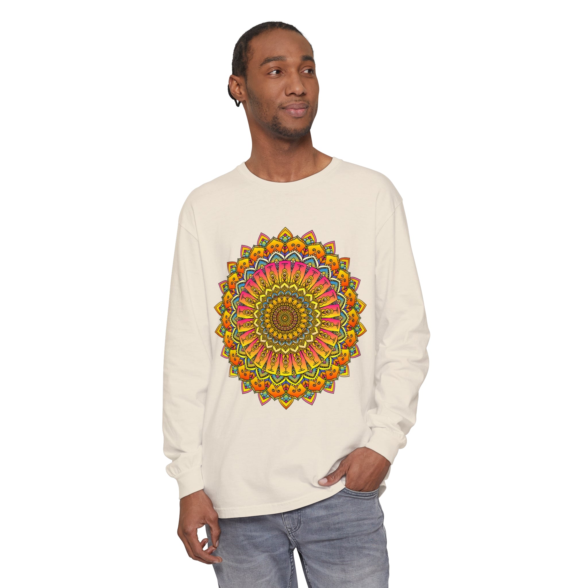 Vibrant Mandala Long Sleeve T-Shirt - Unisex, featuring a colorful and intricate mandala design, perfect for all genders and body types