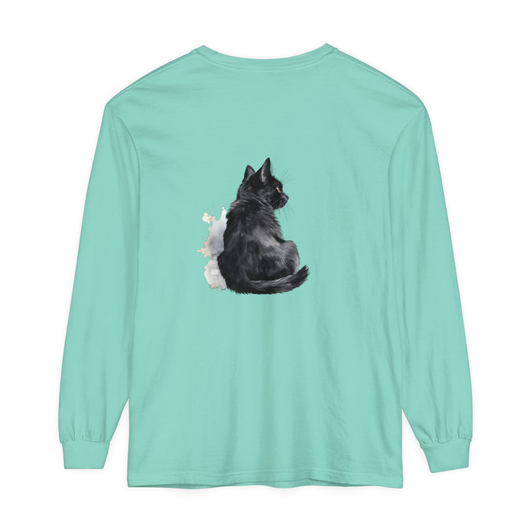 Black Cat Watercolor - Unisex Long Sleeve T-Shirt featuring a vibrant watercolor illustration of a black cat on a high-quality, comfortable long sleeve shirt for men and women