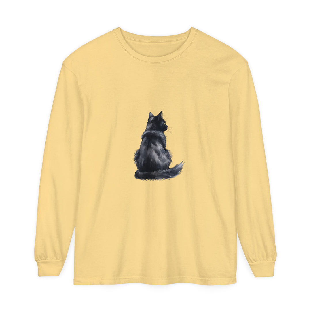 Black Cat Watercolor Long Sleeve T-Shirt with vibrant and detailed feline design