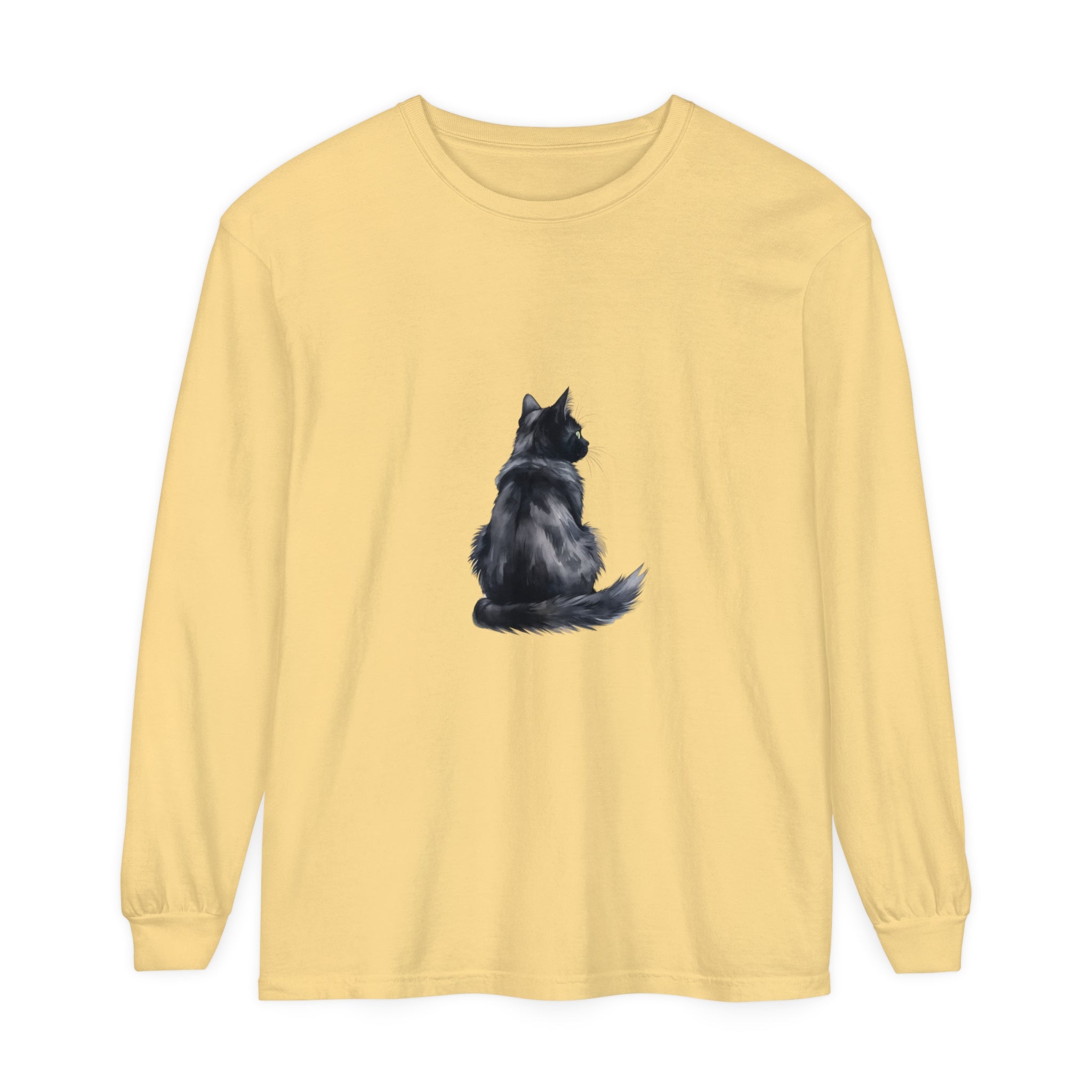 Black Cat Watercolor Long Sleeve T-Shirt with vibrant and detailed feline design